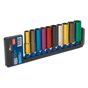 Sealey Multi-Coloured Socket Set 10pc 1/2" Sq Drive 6pt Deep WallDrive Metric (Premier)