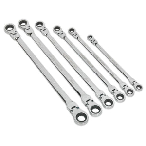 Sealey Flexi-Head Double End Ratchet Ring Spanner Set 6pc Extra-Long Metric (Premier)