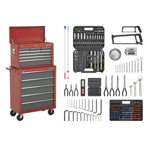 Sealey Topchest & Rollcab Combination 14 Drawer Ball-Bearing Slides - Red/Grey & 281pc Tool Kit