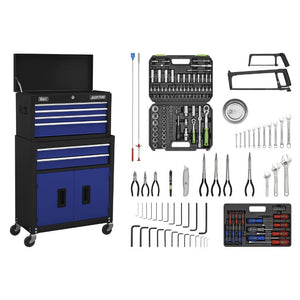 Sealey Topchest & Rollcab Combination 6 Drawer Ball-Bearing Slides - Black/Blue & 170pc Tool Kit