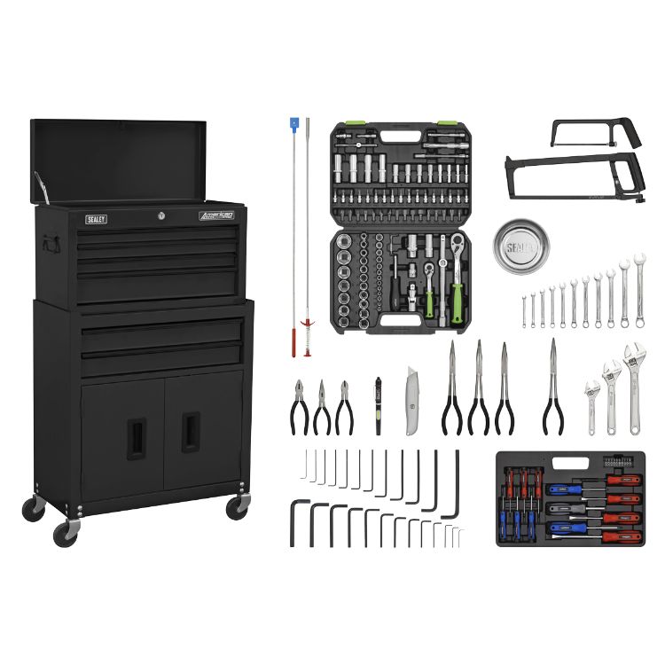 Sealey Topchest & Rollcab Combination 6 Drawer Ball-Bearing Slides - Black & 170pc Tool Kit