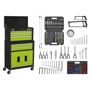 Sealey Topchest & Rollcab Combination 6 Drawer Ball-Bearing Slides - Black/Green & 170pc Tool Kit