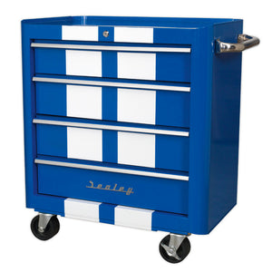 Sealey Rollcab 4 Drawer Retro Style Blue, White Stripes