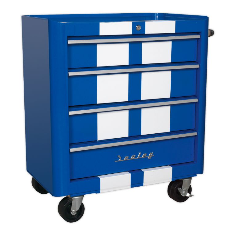 Sealey Rollcab 4 Drawer Retro Style Blue, White Stripes