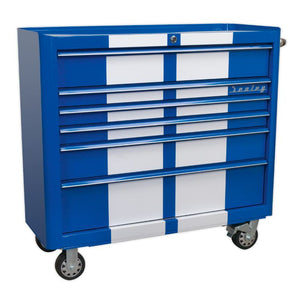 Sealey Rollcab 6 Drawer Wide Retro Style - Blue, White Stripes