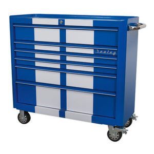 Sealey Rollcab 6 Drawer Wide Retro Style - Blue, White Stripes