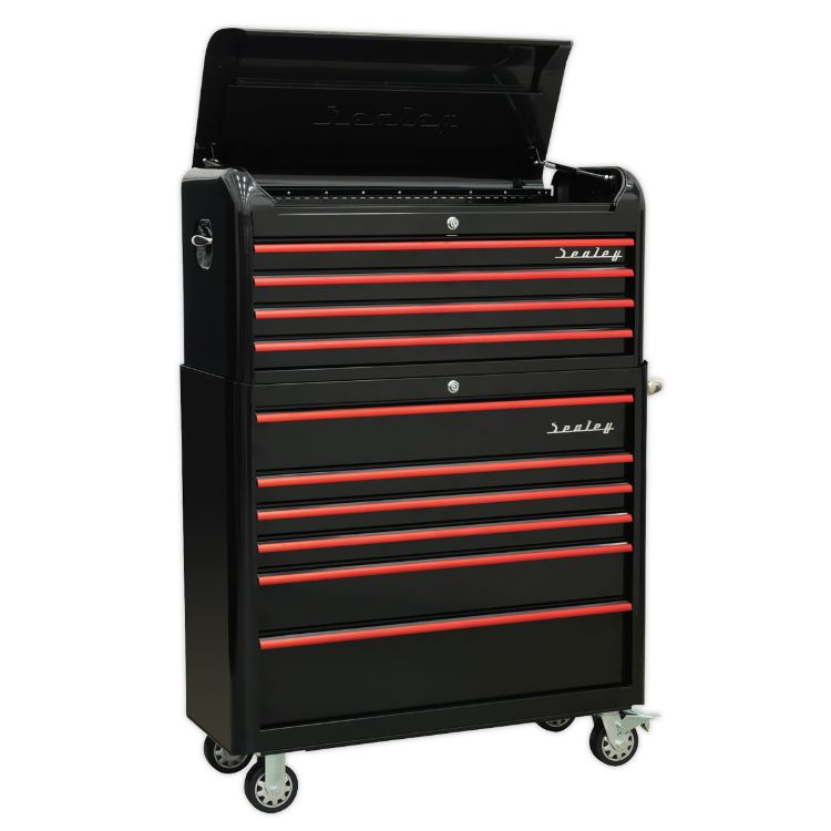 Sealey Retro Style Wide Topchest & Rollcab Combination 10 Drawer Black, Red Anodised Drawer Pull