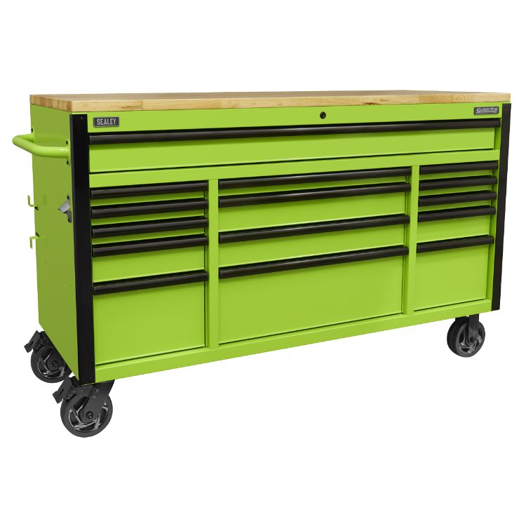 Sealey 15 Drawer Mobile Trolley, Wooden Worktop 1549mm