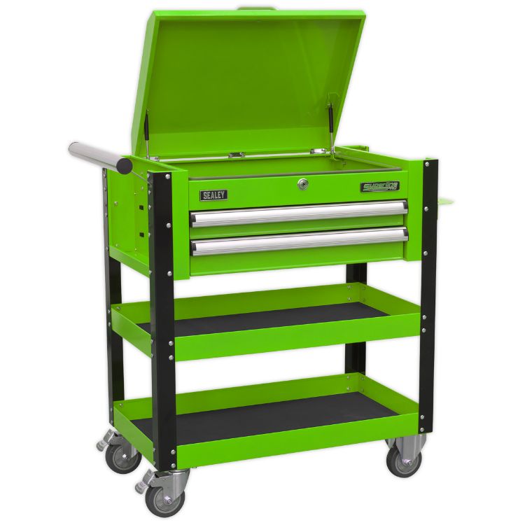 Sealey Heavy-Duty Mobile Tool & Parts Trolley - 2 Drawers & Lockable Top - Green