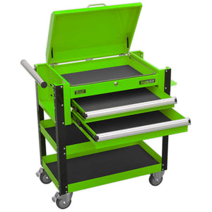 Sealey Heavy-Duty Mobile Tool & Parts Trolley - 2 Drawers & Lockable Top - Green