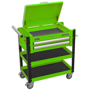 Sealey Heavy-Duty Mobile Tool & Parts Trolley - 2 Drawers & Lockable Top - Green