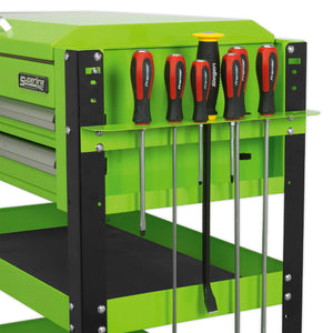 Sealey Heavy-Duty Mobile Tool & Parts Trolley - 2 Drawers & Lockable Top - Green