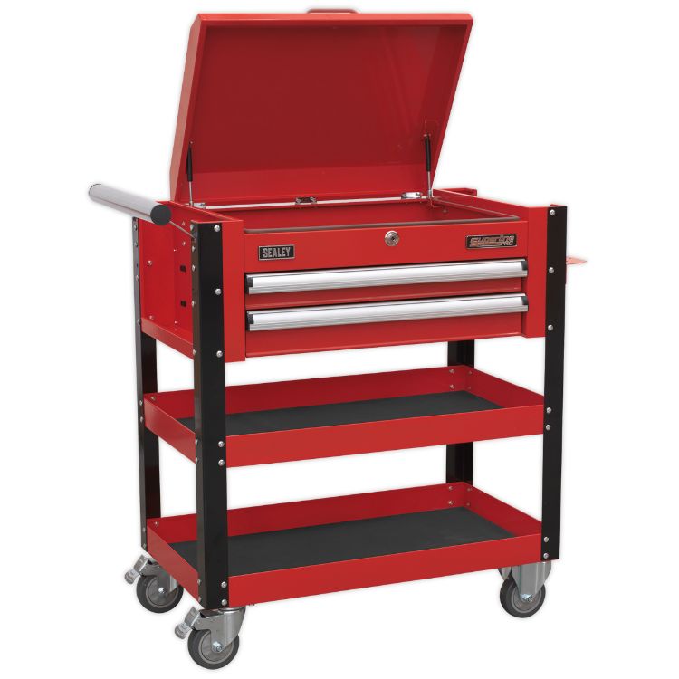 Sealey Heavy-Duty Mobile Tool & Parts Trolley - 2 Drawers & Lockable Top - Red