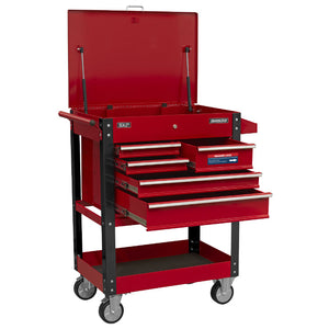 Sealey Heavy-Duty Mobile Tool & Parts Trolley - 5 Drawers & Lockable Top - Red