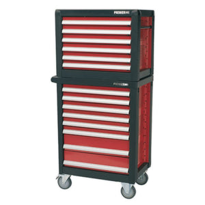 Sealey Topchest & Rollcab Combination 14 Drawer Ball-Bearing Slides - Red/Grey & 1233pc Tool Kit (Premier)