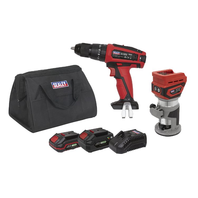 Sealey 2 x 20V SV20 Series Cordless Router & Combi Drill Kit - 2 Batteries