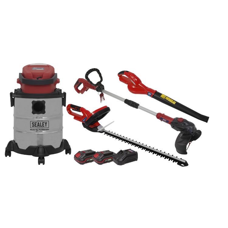 Sealey 4 x 20V SV20 Series Cordless Garden Power Tool Combo Kit - 2 Batteries