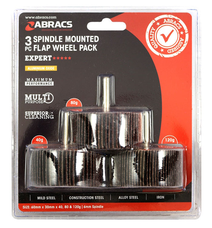 Abracs Flap Wheel Pack 40mm x 20mm x 40/80/120Grit - 3pcs