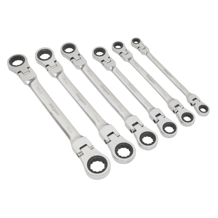 Sealey Flexi-Head Double End Ratchet Ring Spanner Set 6pc Metric (Siegen)