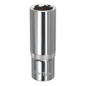 Sealey WallDrive Socket 15mm 3/8" Sq Drive - Deep, Fully Polished (Premier) - 6pt