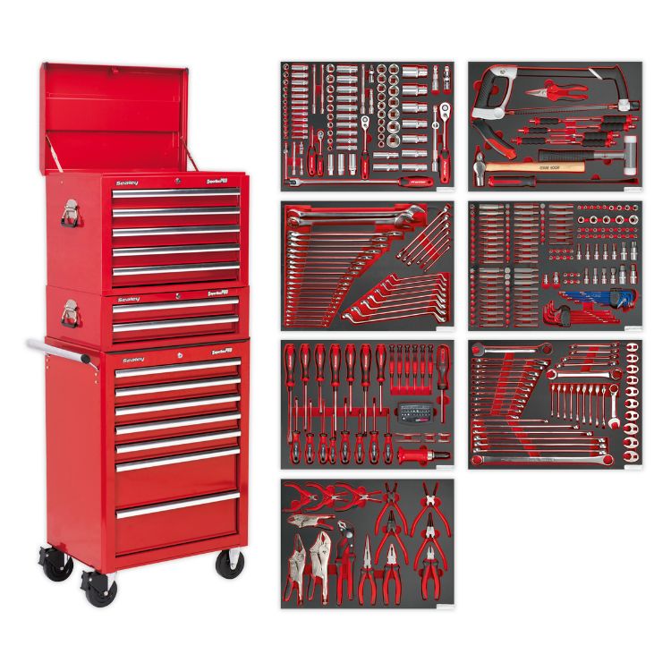 Sealey Toolchest Combination 14 Drawer Ball-Bearing Slides - Red & 446pc Tool Kit (Premier)