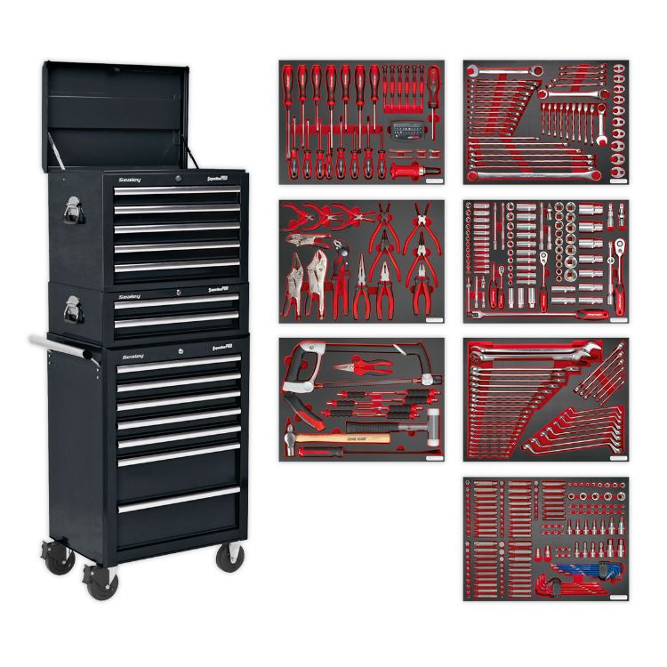 Sealey Toolchest Combination 14 Drawer Ball-Bearing Slides - Black & 446pc Tool Kit (Premier)