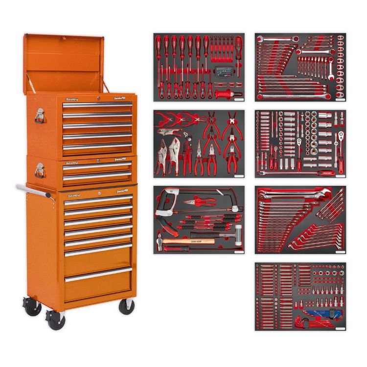 Sealey Toolchest Combination 14 Drawer Ball-Bearing Slides - Orange & 446pc Tool Kit (Premier)