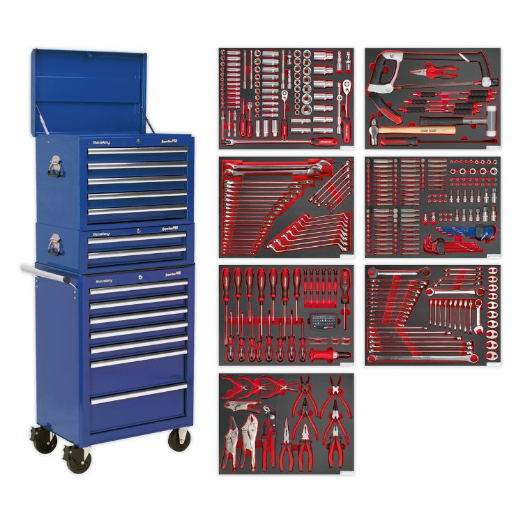 Sealey Toolchest Combination 14 Drawer Ball-Bearing Slides - Blue & 446pc Tool Kit (Premier)